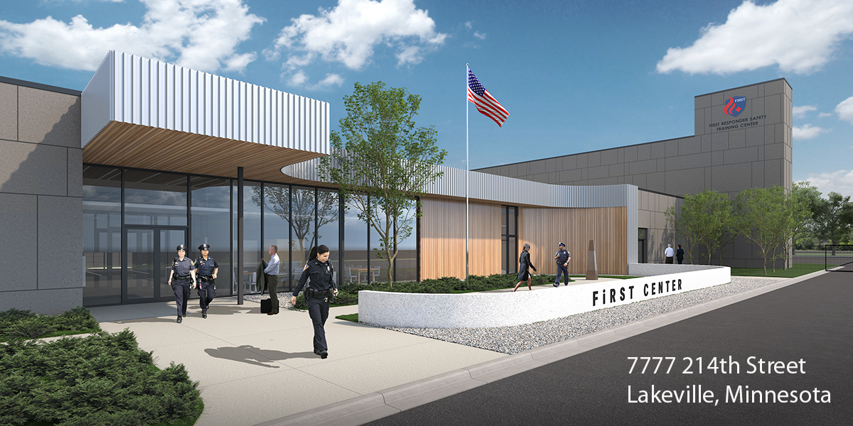 building rendering with police officers entering and exiting