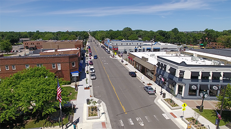 Drone shot of Holyoke Avenue in Downtown Lakeville